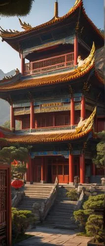 Ancient Chinese architecture, traditional temple, intricate carvings, upturned eaves, golden roof tiles, red walls, lanterns, dragons, phoenixes, stone lions, majestic entrance gates, grand courtyard,