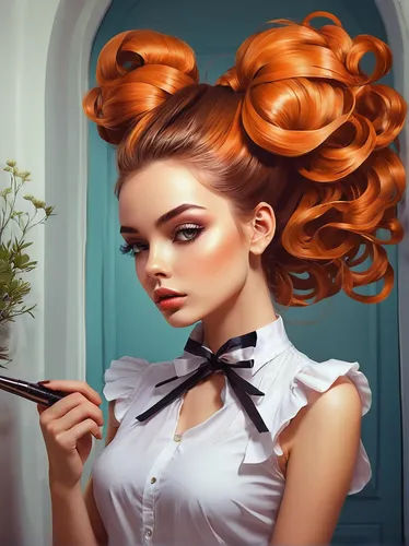 updo,bouffant,cosmetic brush,orange rose,the long-hair cutter,world digital painting,hairstyler,hairdresser,hairstylist,pin up girl,orange blossom,hairstyle,hair iron,retro pin up girl,pin-up girl,digital painting,chignon,hairdressing,tying hair,hair ribbon,Conceptual Art,Fantasy,Fantasy 21