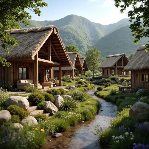 alpine village,mountain settlement,mountain village,mountain huts,wooden houses,home landscape,summer cottage,house in the mountains,boardinghouses,the cabin in the mountains,fantasy landscape,house in mountains,riftwar,cabins,rivendell,alpine pastures,korean folk village,salt meadow landscape,fairy village,lodges