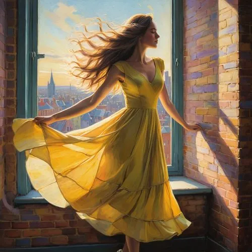 girl in a long dress,world digital painting,little girl in wind,girl walking away,juliet,rapunzel,vettriano,a girl in a dress,hildebrandt,woman silhouette,oil painting on canvas,romantic portrait,yellow background,pushkina,belle,oil painting,yellow sky,yellow wall,contradanza,digital painting,Art,Artistic Painting,Artistic Painting 49