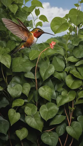 Imagine a Rufus hummingbird as a guardian spirit of a secret oasis, offering guidance and protection to weary travelers.,green heron,cuba-hummingbird,tropical bird climber,rufous hummingbird,pond plan