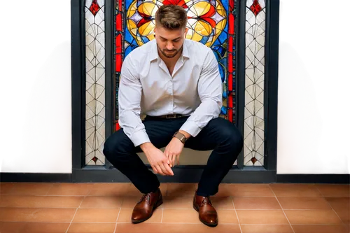 muscular man, prayer pose, hands clasped together, eyes closed, serious expression, short hair, trimmed beard, white shirt, black pants, leather belt, brown shoes, kneeling, indoor setting, stained gl