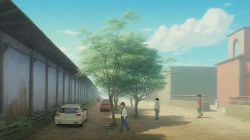 three s are walking towards a car parked on a dirt road,hashiba,monogatari,shinbo,ichigaya,kyon,higurashi,Illustration,Japanese style,Japanese Style 14