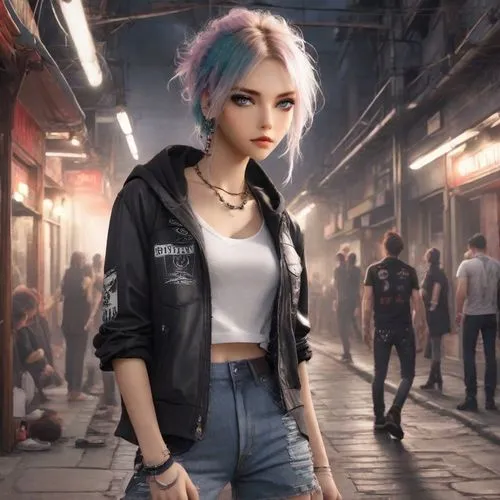 the 3d character is wearing an urban fashion outfit,punk,cyberpunk,ariela,shadowrun,enid,jinx