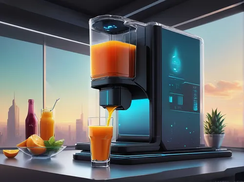 blender,fresh orange juice,carrot juice,orange drink,papaya juice,juicer,coffee machine,juicing,frozen drink,coffeemaker,fruitcocktail,orange juice,citrus juicer,lava lamp,juice glass,b3d,cocktail shaker,tequila sunrise,beer dispenser,fruit and vegetable juice,Conceptual Art,Sci-Fi,Sci-Fi 12