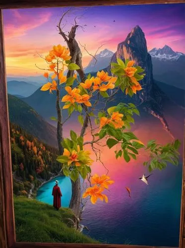 A sorcerer standing at the edge of a wooded bluff -- close-up view -- surrounded by colorful flora, at sunset, a distant mountain lake behind him.,standing at the edge of tomorrow,fantasy picture,fant