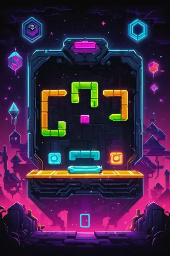 80's design,retro background,neon ghosts,mobile video game vector background,tetris,game illustration,pac-man,80s,pacman,pixel cells,game blocks,robot icon,game art,neon arrows,computer icon,neon sign,pixel cube,computer game,bot icon,arcade game,Illustration,Paper based,Paper Based 07