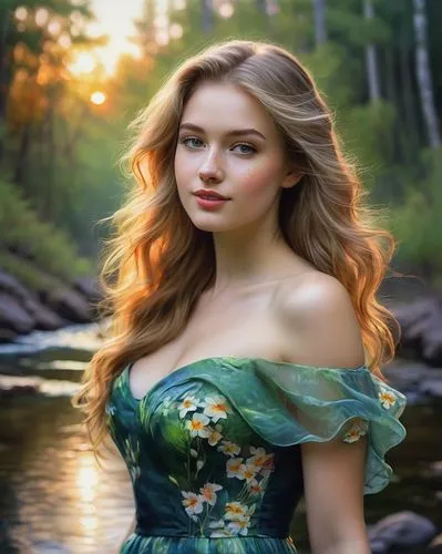 celtic woman,the blonde in the river,girl on the river,fantasy portrait,celtic queen,fantasy picture,romantic portrait,girl in a long dress,water nymph,world digital painting,fantasy art,enchanting,landscape background,rusalka,beautiful young woman,portrait background,beautiful girl with flowers,romantic look,young woman,beauty in nature,Illustration,Paper based,Paper Based 11