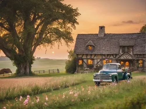 country cottage,country hotel,landrover,storybrooke,country style,country house,vermont,hobbiton,vintage car,thatched cottage,countrywoman,countryman,bucolic,cotswolds,country estate,wagoneer,vintage cars,summer cottage,ford,rural style,Illustration,Realistic Fantasy,Realistic Fantasy 02