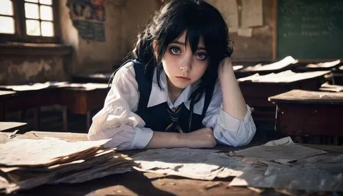 worried girl,girl studying,schoolgirl,detention,school desk,cosplay image,heterochromia,dollfie,anime girl,alice,school uniform,tutor,azusa nakano k-on,school clothes,nico,student,girl sitting,schools,worried,education,Illustration,Realistic Fantasy,Realistic Fantasy 02