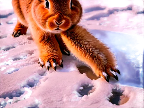 Rabbit footprints, snow-covered ground, winter scene, detailed fur texture, small size, cute expression, front paws together, hind legs apart, gentle stride, shallow depth of field, soft focus, warm l