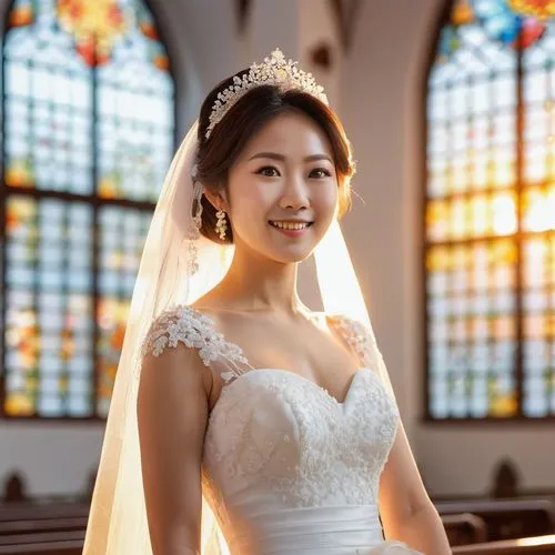 Generate a  image of a Japanese bride walks in the white church and feels happy. The colors of the sunrise shine through the glass windows of the church. bokeh,yunjin,kikkawa,bridal dress,heungseon,su