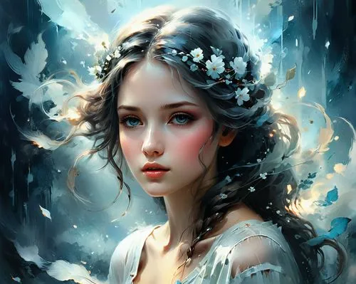 mystical portrait of a girl,fantasy portrait,faery,white rose snow queen,fairy queen,faerie,the snow queen,romantic portrait,flower fairy,fantasy art,fairy tale character,girl in a wreath,cinderella,water nymph,bridal veil,fairy,jasmine blossom,rosa 'the fairy,angel's tears,elven flower,Conceptual Art,Fantasy,Fantasy 12