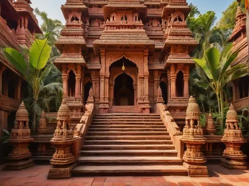 Ancient Indian temple, intricate carvings, ornate pillars, vibrant colors, detailed sculptures of Hindu gods, Goddesses, mythological creatures, lotus flowers, bell-shaped towers, pyramid-like structu