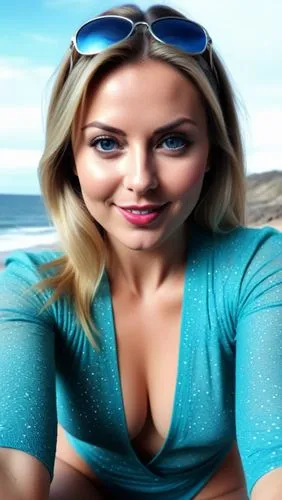 a woman wearing blue shirt and sunglasses sitting on beach,beach background,greenscreen,green screen,kimberlee,enema,lissavetzky