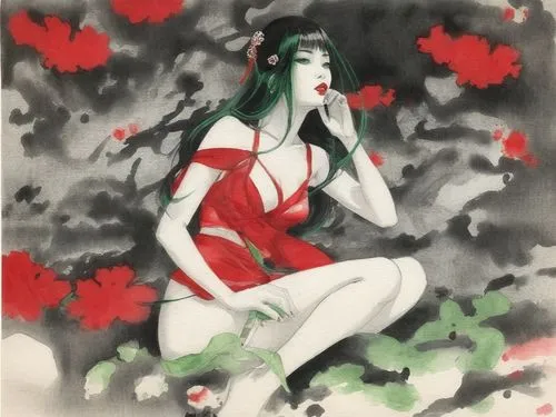 An amazing nude japanese young woman  with red lips and green eyes,a painting of a woman in a red dress,watercolor pin up,tura satana,vampirella,christmas pin up girl,kazumi,dita,Illustration,Paper ba