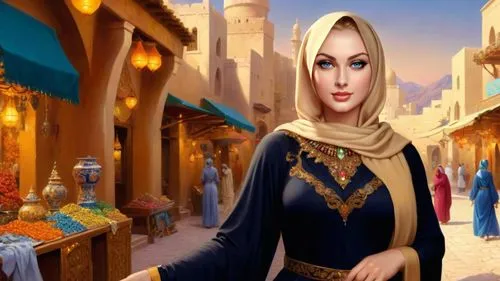 Romantic masterpiece oil painting, beautiful curvy woman portrait, tight abaya dress, nostalgic 1950's style kitsch, breathtaking beautiful epic vast landscape, Middle Eastern majestic scenery, street