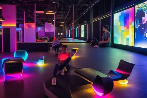 Create an image of an auditorium with benches like the one in the picture.
Insert seated people and cushions on the floor and theatre lighting on the ceiling.,nightclub,music venue,artscience museum,f