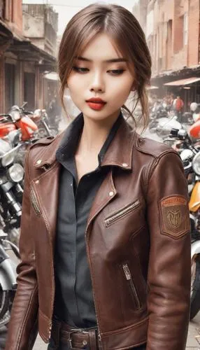 a young woman wearing a brown leather jacket,shenmue,horsehide,leather jacket,asami,leather texture,leathery