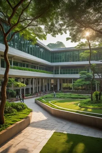 Aditya College of Architecture, modern building, glass facade, steel structure, vibrant green roof garden, intricate stone carvings, grand entrance, sprawling campus, lush trees, walking paths, studen