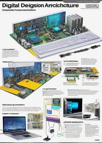 Digital design book, computer architecture 2nd edition, slide presentation, chapter 3, lecturer standing, whiteboard, colorful diagrams, circuit components, wires, microchips, laptops, desktops, table