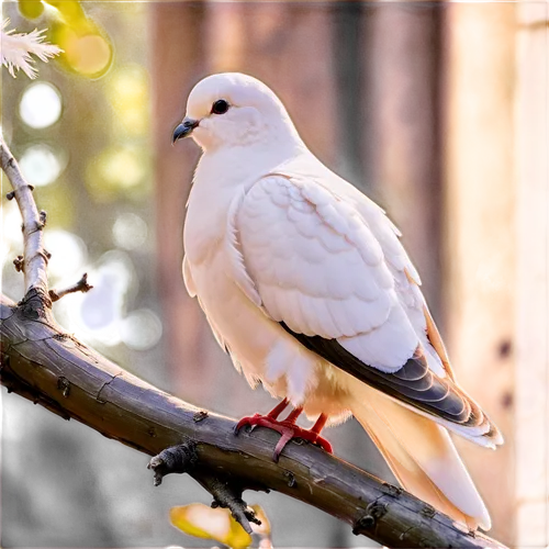 White dove, peaceful expression, gentle eyes, soft feathers, fluffy wings, perched on branch, morning sunlight, subtle shadow, 3/4 composition, shallow depth of field, warm color tone, cinematic light