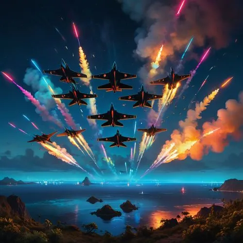 firebombers,thunderstreaks,macross,naval battle,fireworks background,flying sparks,Conceptual Art,Sci-Fi,Sci-Fi 01