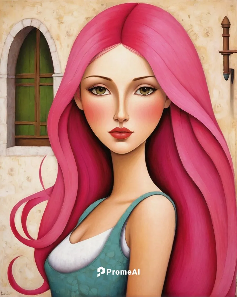 A pretty woman with long pink hair and clean clothes，by Didier Lourenço,young woman,rapunzel,fuchsia,la violetta,horoscope libra,portrait of a girl,woman thinking,girl portrait,girl in a long,zodiac 