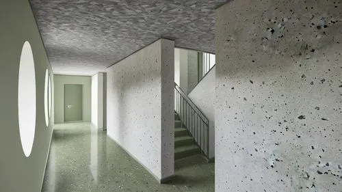 RAW Photo, Building entrance, daylight, light olive green plaster wall, white terrazzo floor, Door with light olive green frame, Dark olive green wall skirting, white Terrazzo stair case with olive gr