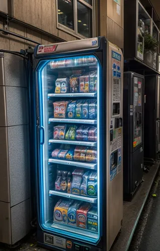 Refer to the attached picture, there is an Air Doll hidden inside the vending machine.,vending machine,convenience store,vending machines,vending cart,supermarket chiller,soda machine,refrigerator,tok