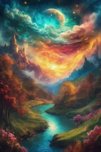 fantasy landscape,fantasy picture,fantasy art,dreamland,fairy world,landscape background,dream world,unicorn background,forest of dreams,3d fantasy,world digital painting,fantasy world,wonderland,fairy forest,mystical,high landscape,nature landscape,colorful background,autumn landscape,fairy galaxy,Illustration,Realistic Fantasy,Realistic Fantasy 37