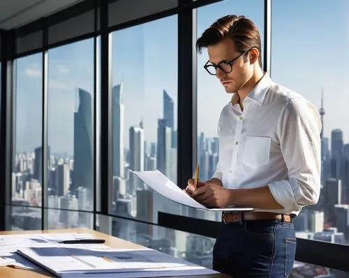 Modern architect designing ABAP architecture, male, 30s, serious expression, glasses, short brown hair, dressed in casual business attire, white shirt, dark blue jeans, black leather shoes, standing i