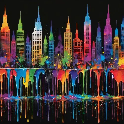 colorful city,colorful water,fountains,new york skyline,city fountain,rainbow jazz silhouettes,Conceptual Art,Graffiti Art,Graffiti Art 08