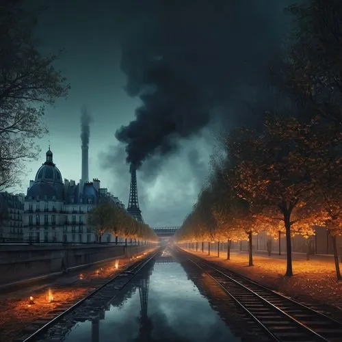 paris,the pollution,pollution,french train station,evening atmosphere,industrial landscape,orsay,river seine,the train station,notredame de paris,industrial smoke,watercolor paris,boulevard,steam train,french digital background,train station,notre dame,chemical plant,fantasy picture,night scene,Conceptual Art,Fantasy,Fantasy 34