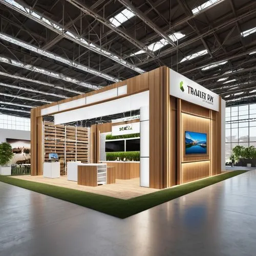 design a tradeshow booth size 9mx6m, 3 side open, with an elegant and sophisticated setting. to display Warehouse Racking System,property exhibition,talalay,suntech,railtex,tellabs,tradeshow,travelpor