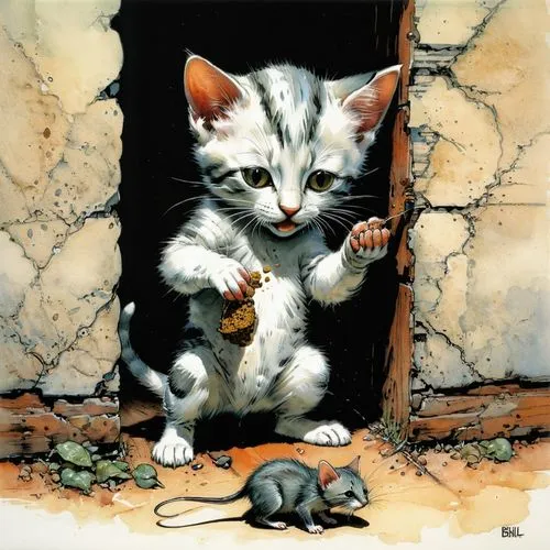 cat and mouse,vintage mice,mehitabel,computer mouse,katzenjammer,tikus,Illustration,Realistic Fantasy,Realistic Fantasy 06