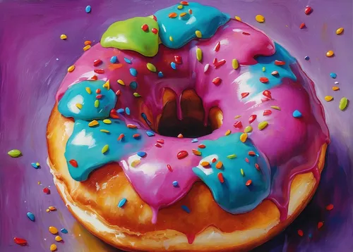 donut illustration,donut drawing,doughnut,donut,doughnuts,donuts,oil painting on canvas,oil on canvas,sufganiyah,bombolone,oil painting,pastel,glaze,modern pop art,colored icing,sprinkles,food coloring,malasada,colored pencil background,digital painting,Illustration,Realistic Fantasy,Realistic Fantasy 30