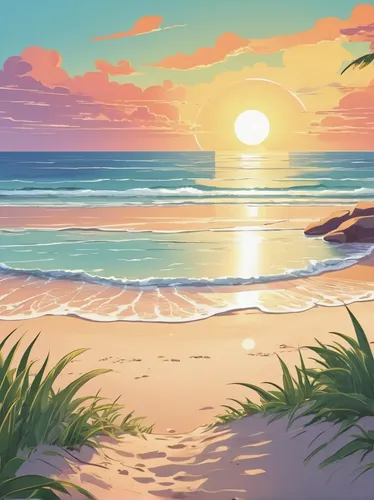 beach landscape,summer background,beach scenery,dream beach,coast sunset,beach background,ocean background,sunset beach,tropical beach,ocean,sunrise beach,landscape background,beautiful beach,mountain beach,sun and sea,sand coast,tropical sea,coastal landscape,idyllic,seaside,Illustration,Japanese style,Japanese Style 07