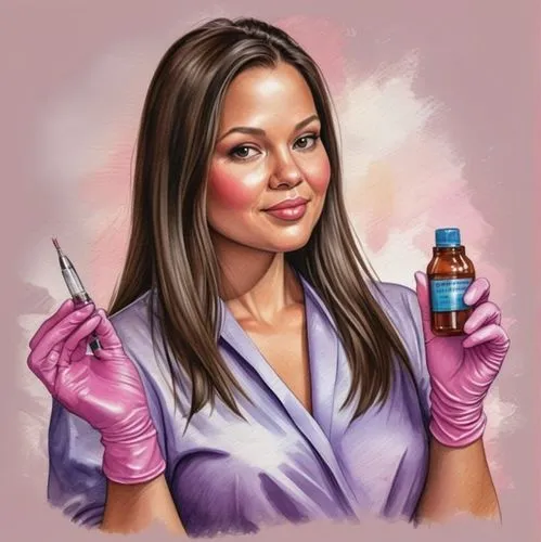 a slightly chubby 50-year-old woman,long dark brown hair highlighted, holding a needle and a bottle with pink gloves,medical illustration,dental hygienist,cosmetic oil,female doctor,oil cosmetic,derma