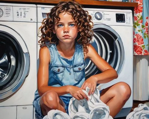 Stuck sister, young girl, 10yo, messy curly brown hair, bright blue eyes, freckles on nose, white tank top, light blue denim shorts, dirty sneakers, stuck in washing machine, worried expression, soap 