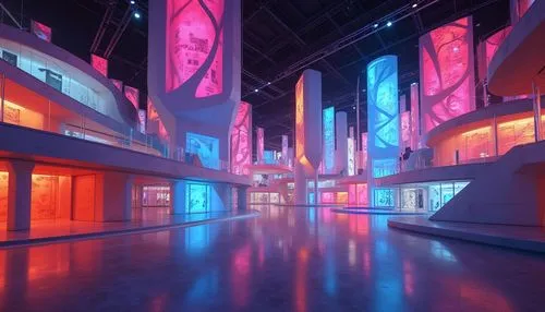 futuristic art museum,hall of the fallen,empty hall,factory hall,emp,graecorum,nightclub,art gallery,cybercity,spaceship interior,hypermodern,metropolis,colored lights,galleria,walt disney center,aqua studio,hall of nations,futuristic,ngv,cyberscene,Photography,General,Realistic