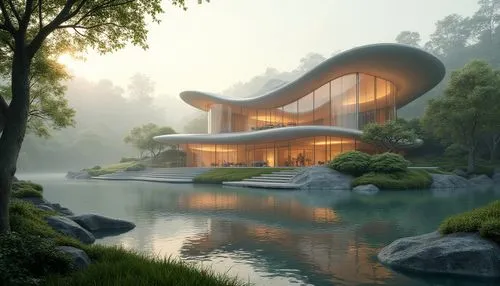 snohetta,asian architecture,futuristic architecture,forest house,modern architecture,house in mountains,house in the mountains,house in the forest,dunes house,house with lake,modern house,futuristic art museum,dreamhouse,futuristic landscape,amanresorts,house by the water,3d rendering,archidaily,timber house,beautiful home,Photography,General,Realistic