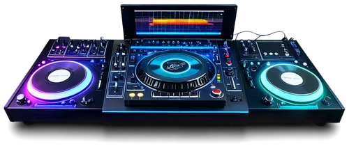 DJ console, futuristic design, neon lights, circular screens, vinyl records, CD players, mixing decks, headphones, microphone, speakers, cables, knobs, buttons, shiny surface, metallic material, urban