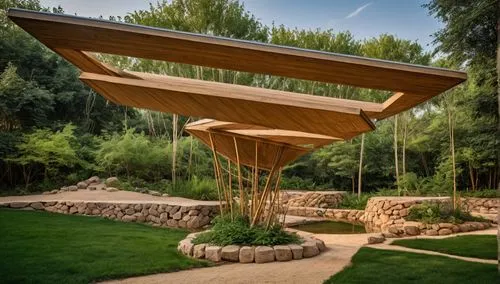 Pavilion inspired from the degree pyramid and African art, vernacular material, bamboo, straw and glass. ,the modern landscape design in this home is covered with grass,pergola,climbing garden,wood st