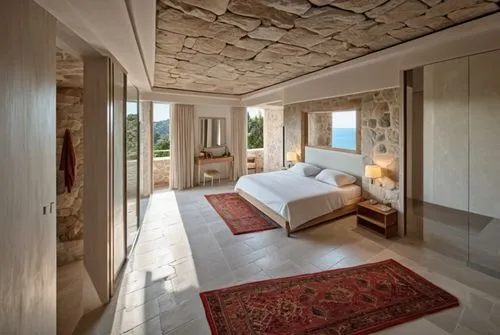 make it more quiet luxus and so you feel it was made in an old stone villa at the sea,a bedroom is set up to look like it's in the mountains,amanresorts,lefay,holiday villa,great room,casa fuster hote