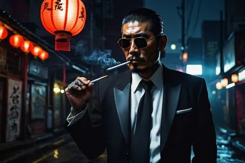 Yakuza, Japanese gangster, mature man, black suit, white shirt, black tie, sunglasses, tattooed arms, intimidating gaze, smoking cigarette, urban cityscape, neon lights, rain, dark alleys, graffiti wa