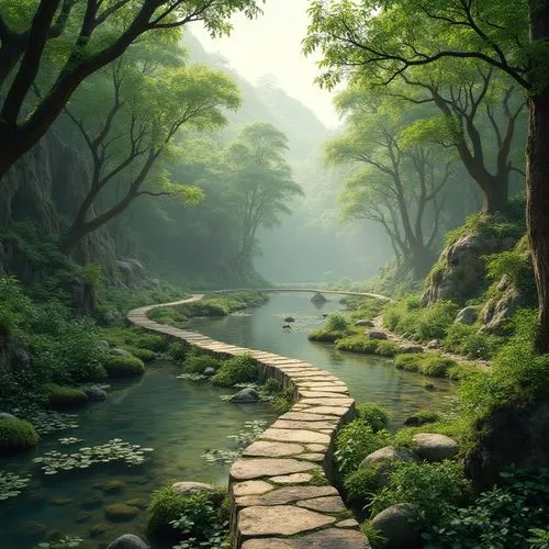 forest path,forest landscape,fantasy landscape,the mystical path,green landscape,green forest,pathway,river landscape,hiking path,verdant,the path,landscape background,nature landscape,brook landscape,flooded pathway,nature wallpaper,world digital painting,nature background,wooden path,the way of nature,Photography,General,Realistic