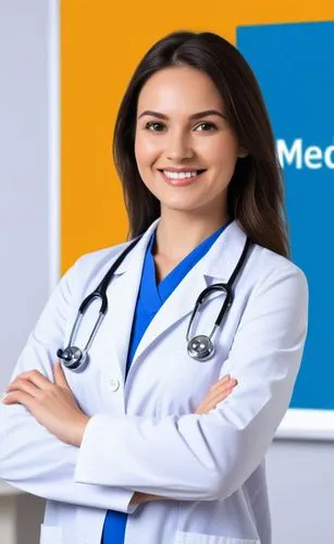 a smiling woman in white coat standing with her arms crossed,medlineplus,healthcare medicine,medscape,medisave,medicom,medico