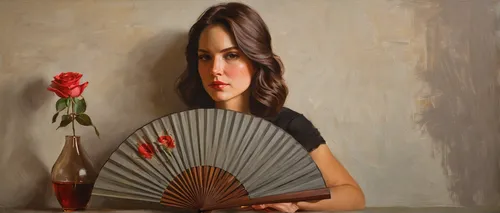 oil painting,oil painting on canvas,italian painter,art painting,vietnamese woman,woman thinking,geisha girl,hand fan,meticulous painting,flamenco,woman at cafe,decorative fan,romantic portrait,photo painting,asian woman,oil paint,oil on canvas,woman sitting,fabric painting,girl in a long,Conceptual Art,Oil color,Oil Color 12