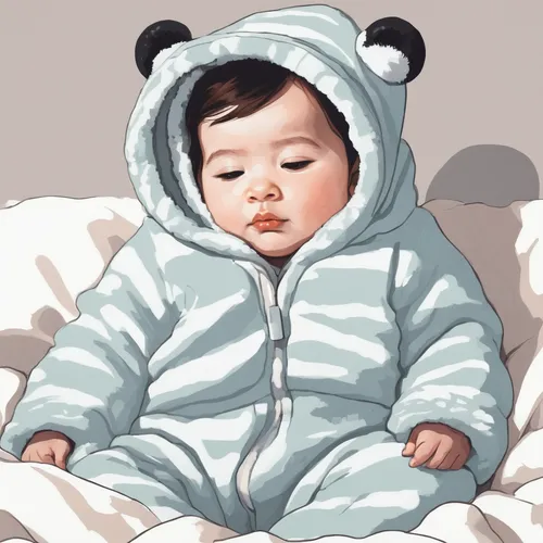 Describe a baby happily bundled up in a fluffy onesie, covered in a blanket, sound asleep.,little panda,watercolor baby items,baby panda,little bear,baby bear,bear cub,cute baby,onesie,sleeping koala,